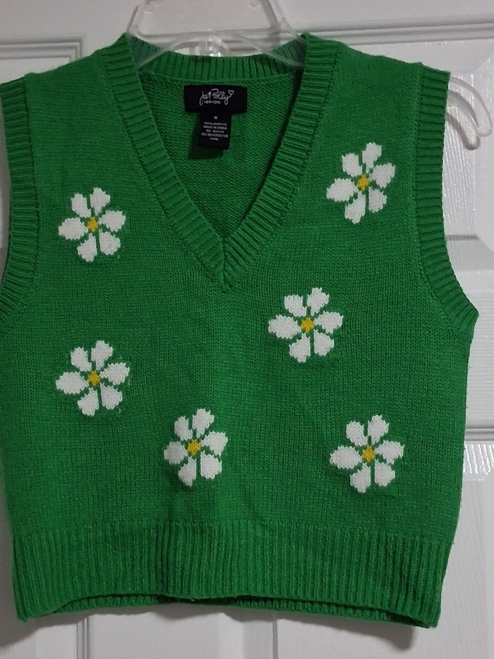 Just Polly Green Daisy Knit V-Neck Sweater Kids Vest Size Small